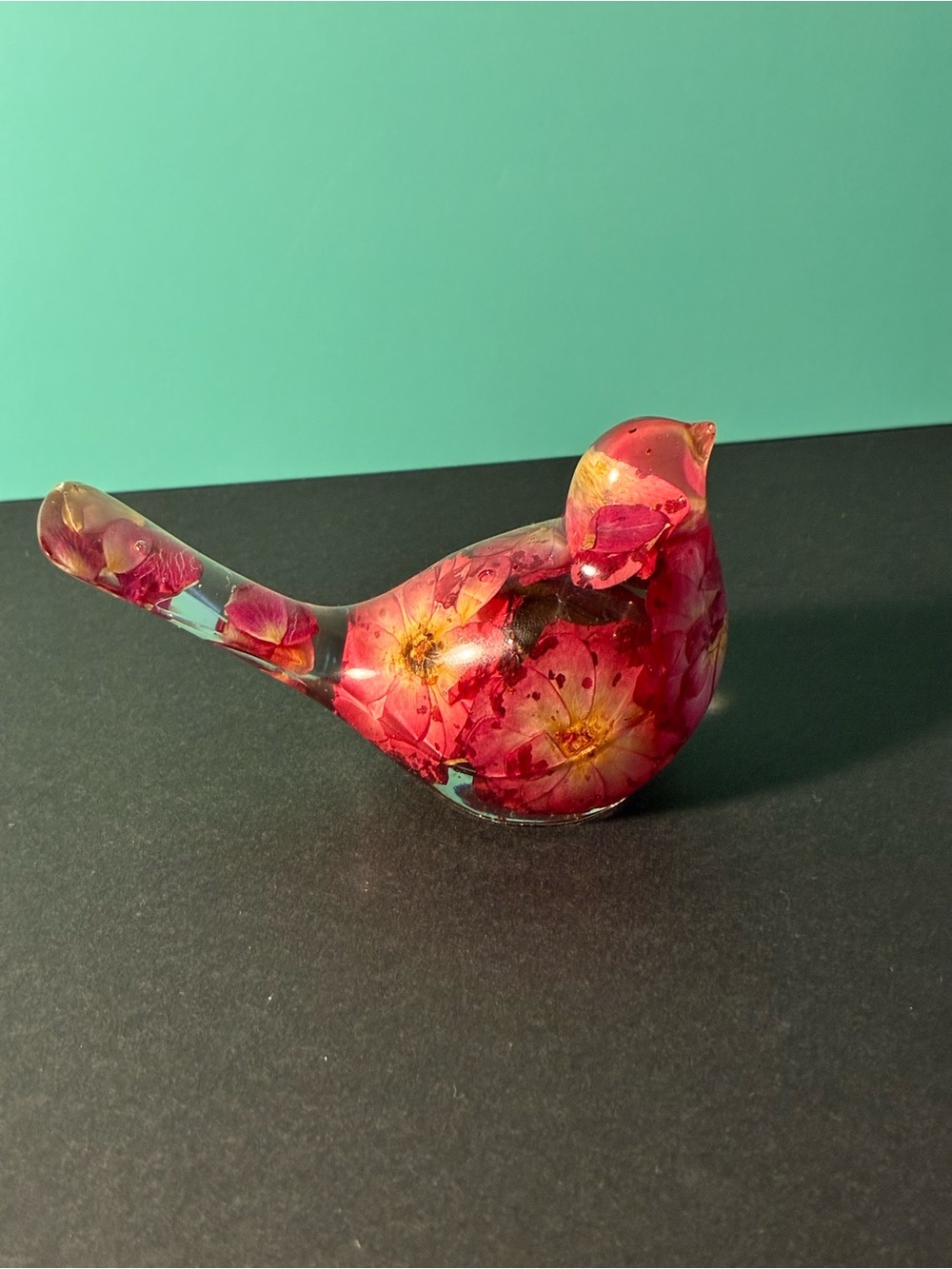 Handcrafted “Crimson Rose Serenade” Botanical Resin Bird Figurine - Small